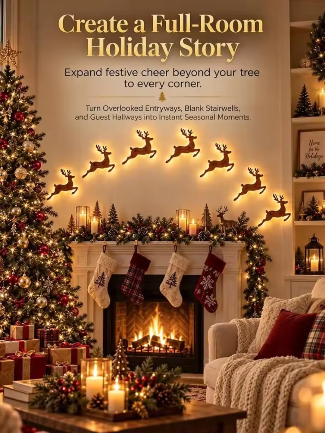 Set of 7 -3D Reindeer Glow Santa Christmas Wall Decoration with Lighting