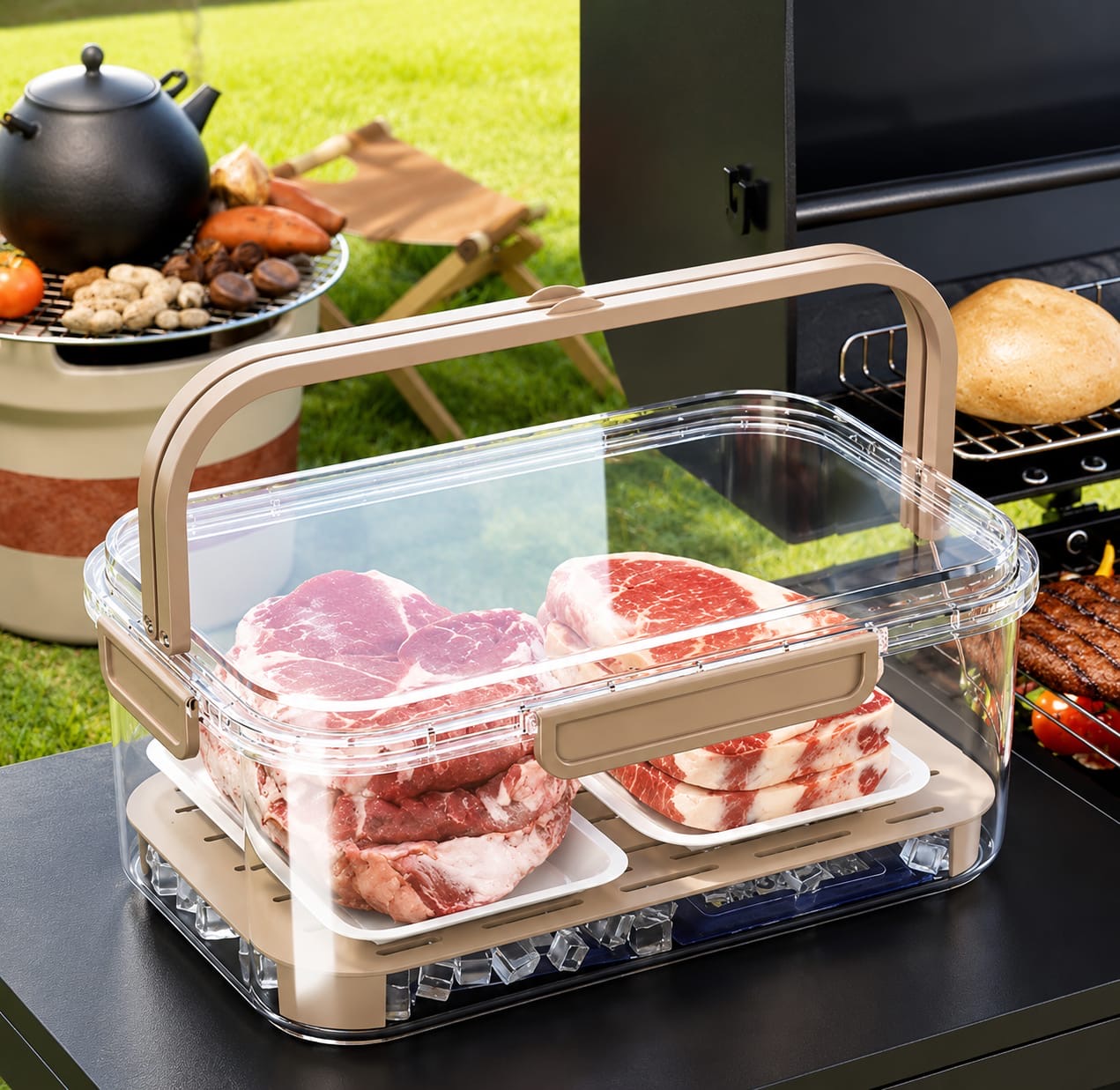 Large capacity airtight food storage container with drain tray.