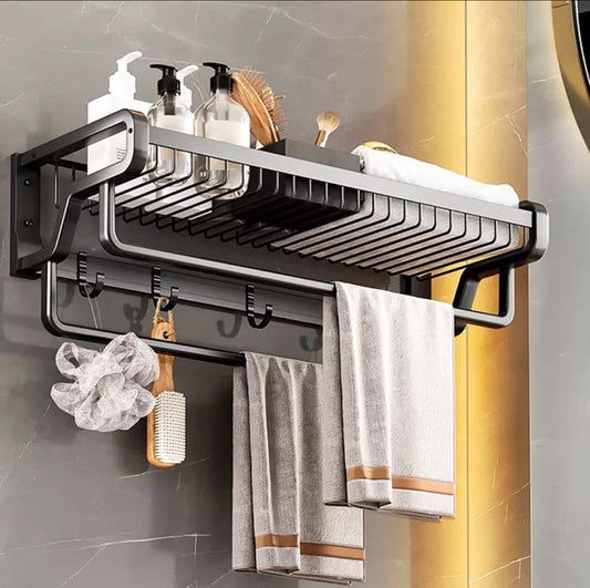 Bathroom wall mounted towel rack accessory with hooks