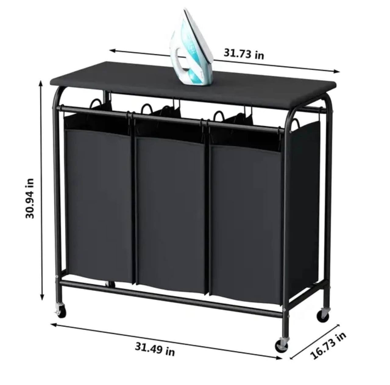 3 Compartment laundry basket with lockable wheels and ironing board