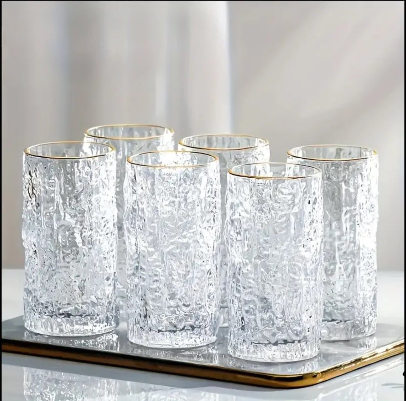 6pcs  High Aesthetic New Bark Patterned Glass water cup With Gold Rim