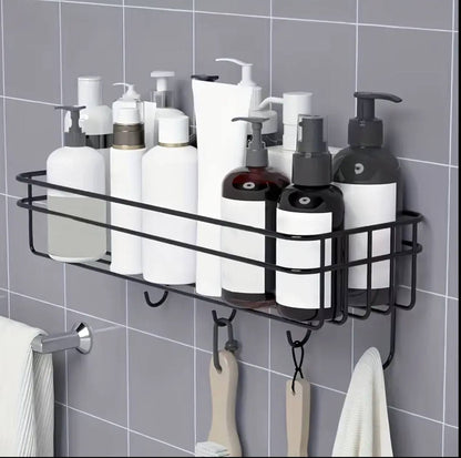 sleek metallic bathroom rack with hooks