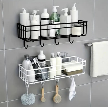 sleek metallic bathroom rack with hooks