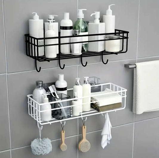 sleek metallic bathroom rack with hooks