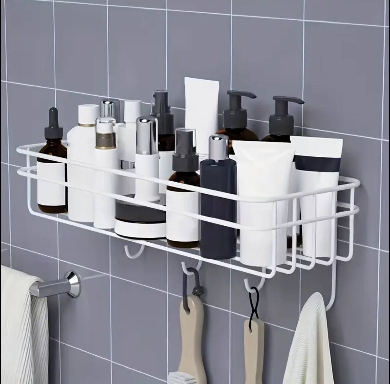 sleek metallic bathroom rack with hooks