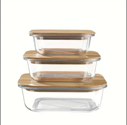 3pcs glass bowl storage containers with bamboo lid