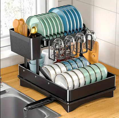 2 Tier Foldable Dish Drying Rack with Drip Tray