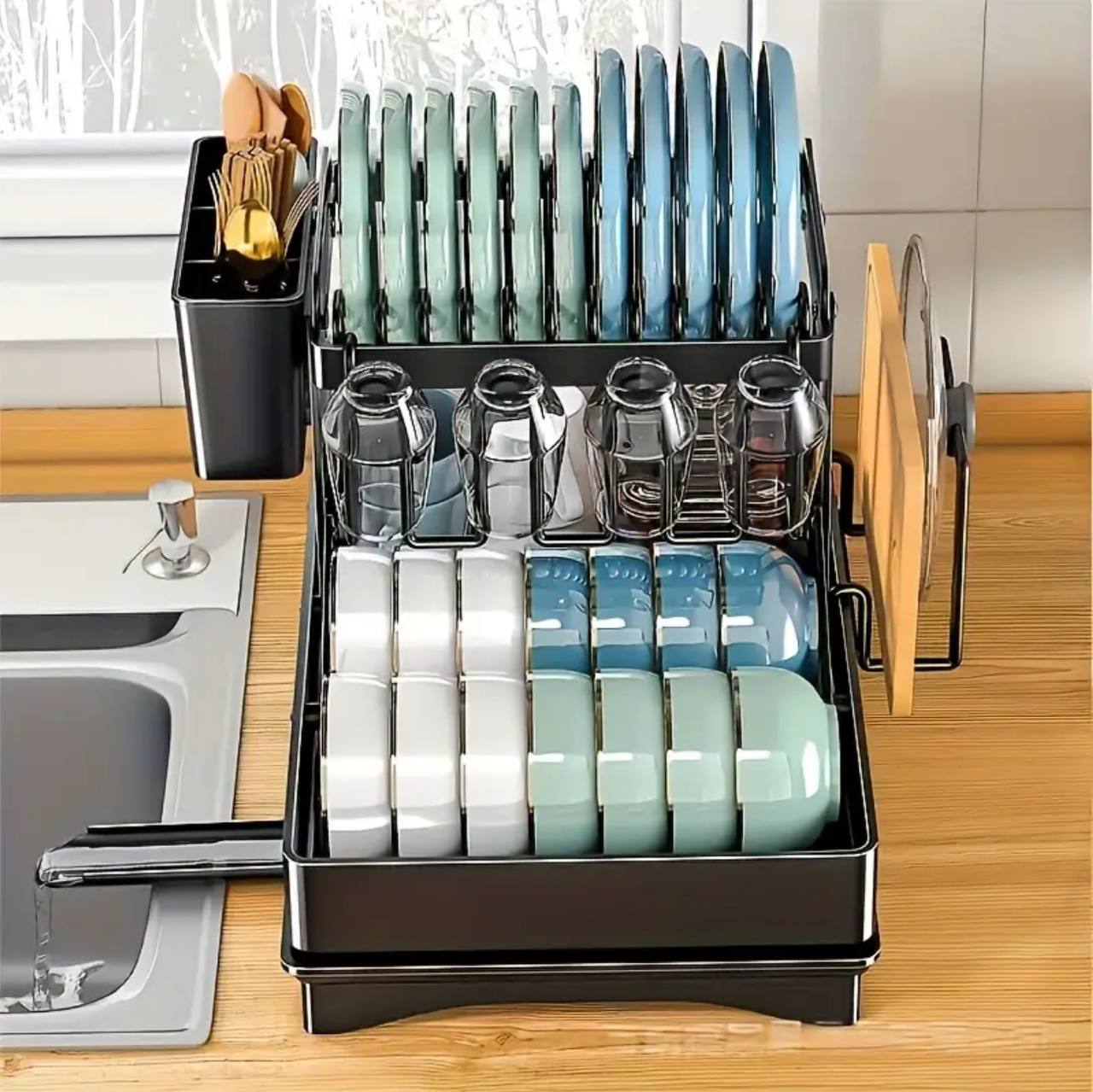 2 Tier Foldable Dish Drying Rack with Drip Tray