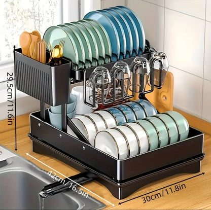 2 Tier Foldable Dish Drying Rack with Drip Tray