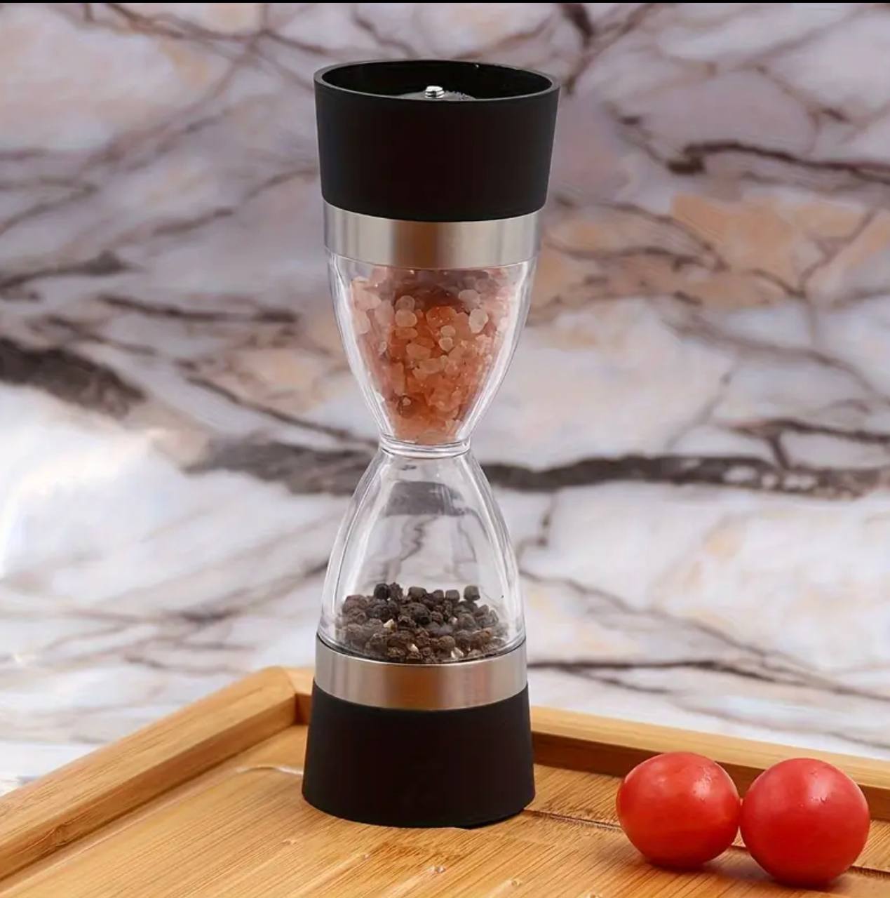 Manually adjustable thickness, hour glass 2 in 1 Dual Salt Pepper mill