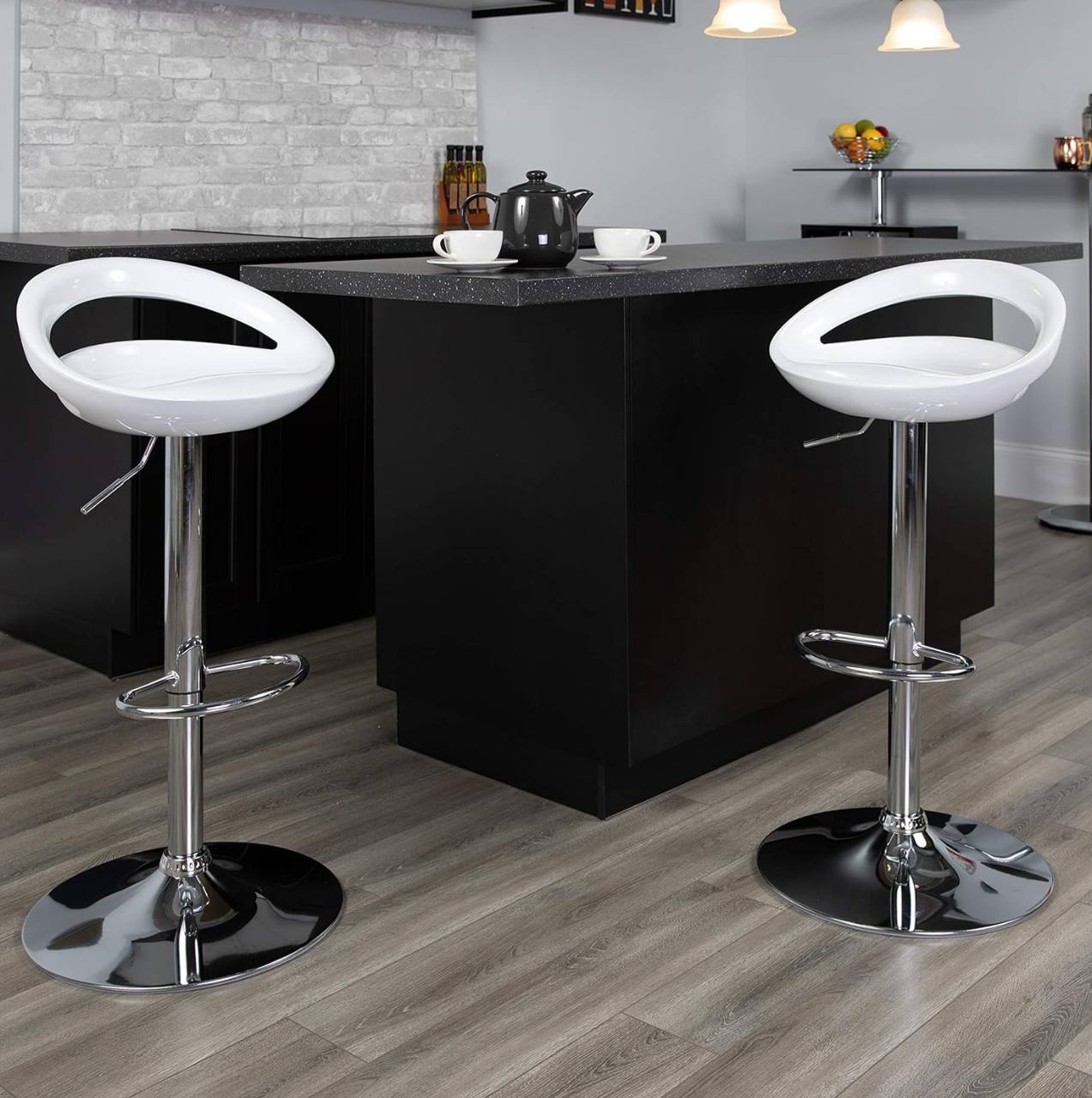 Contemporary White Plastic Adjustable Height Barstool with Rounded Cutout Back and Chrome base