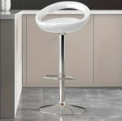 Contemporary White Plastic Adjustable Height Barstool with Rounded Cutout Back and Chrome base