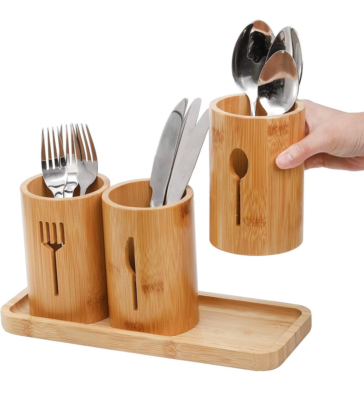 Eco-friendly 4in 1 bamboo cutlery holder inclusive of a bamboo base