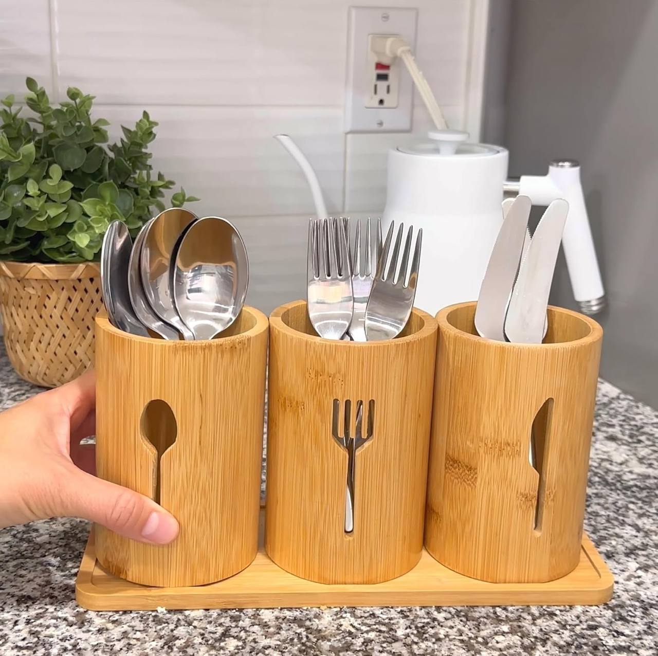 Eco-friendly 4in 1 bamboo cutlery holder inclusive of a bamboo base