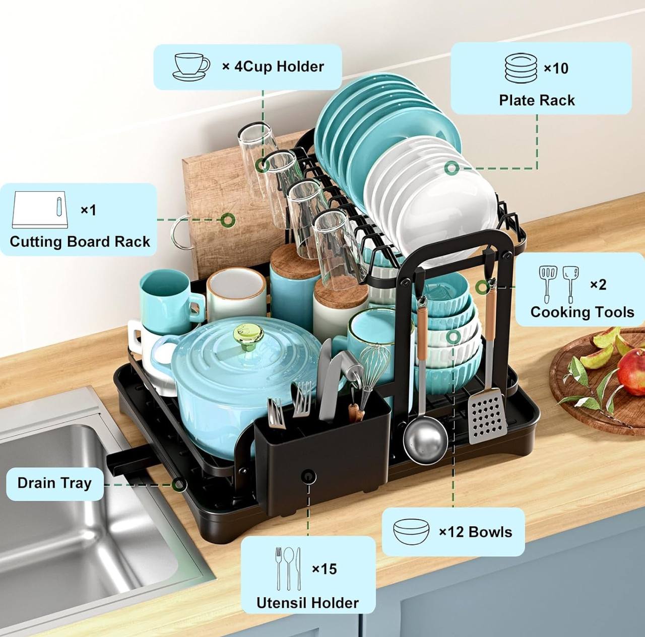 2 Tier Dish Drying Rack with Drip Tray