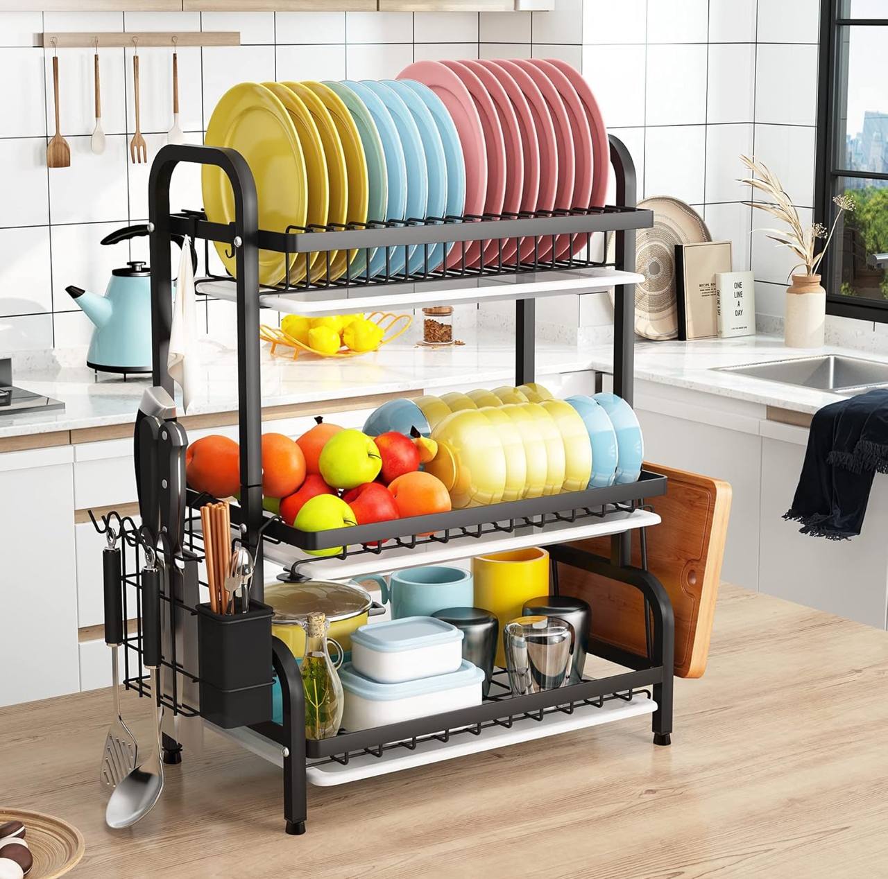 3 tier dish rack with cutlery holder & Chop Board Holder