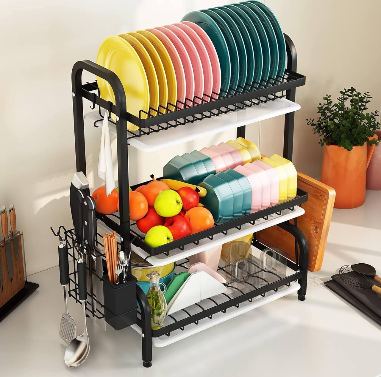 3 tier dish rack with cutlery holder & Chop Board Holder