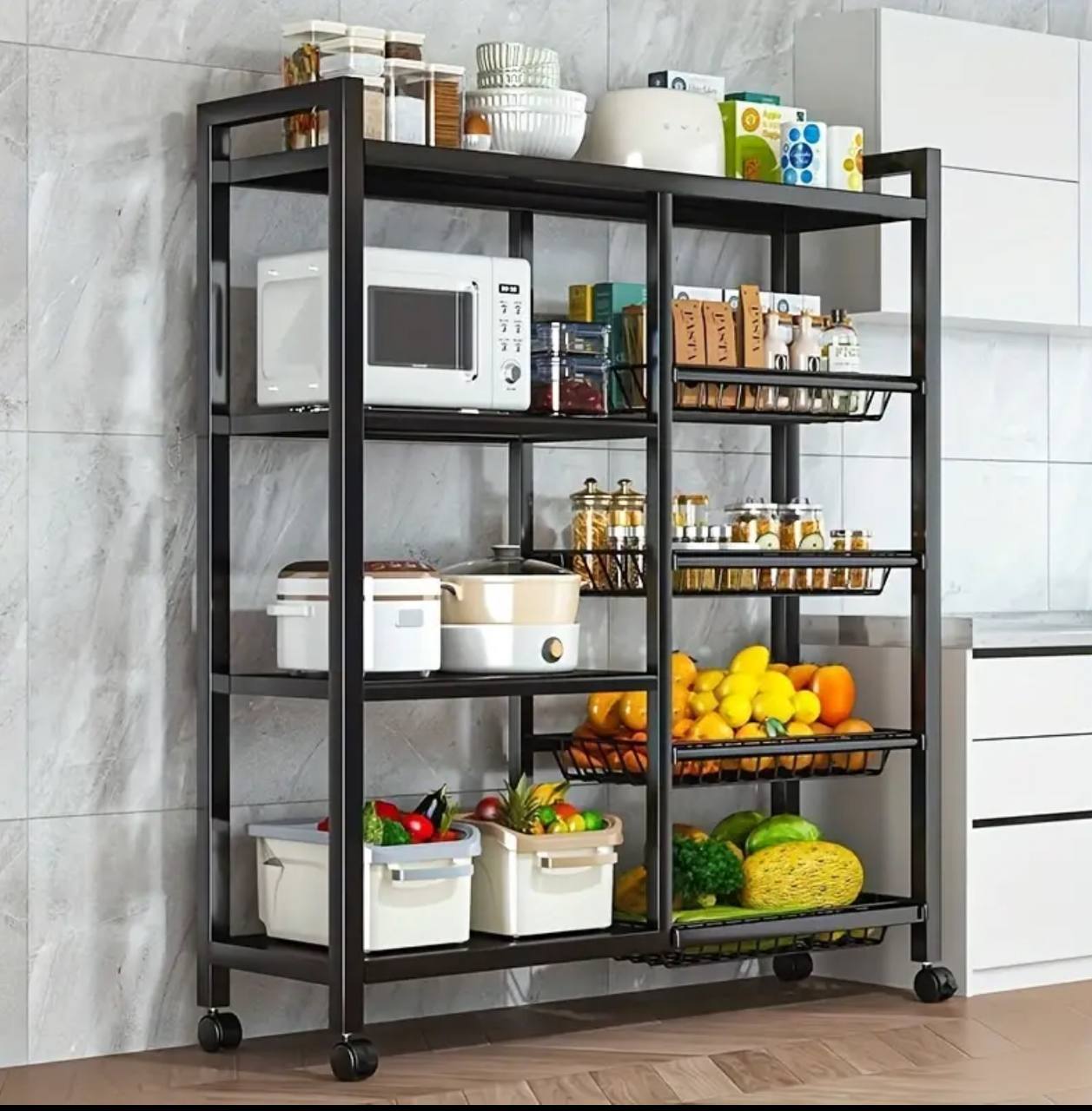 Multifunctional Strong metallic Kitchen rack with movable & lockable wheels