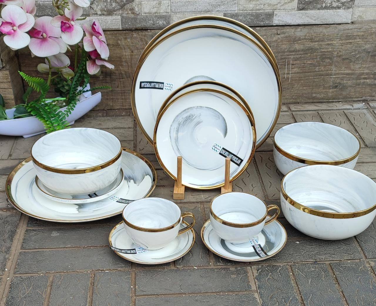 36pcs grey-marble Nordic classy dinner set with gold rim