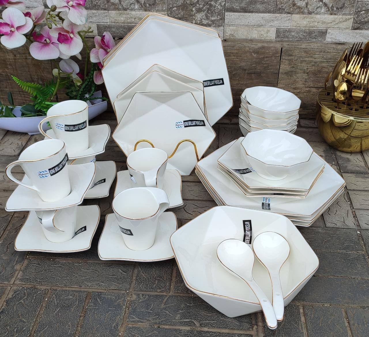 33pcs Nordic hexagon classy dinner set with gold rim