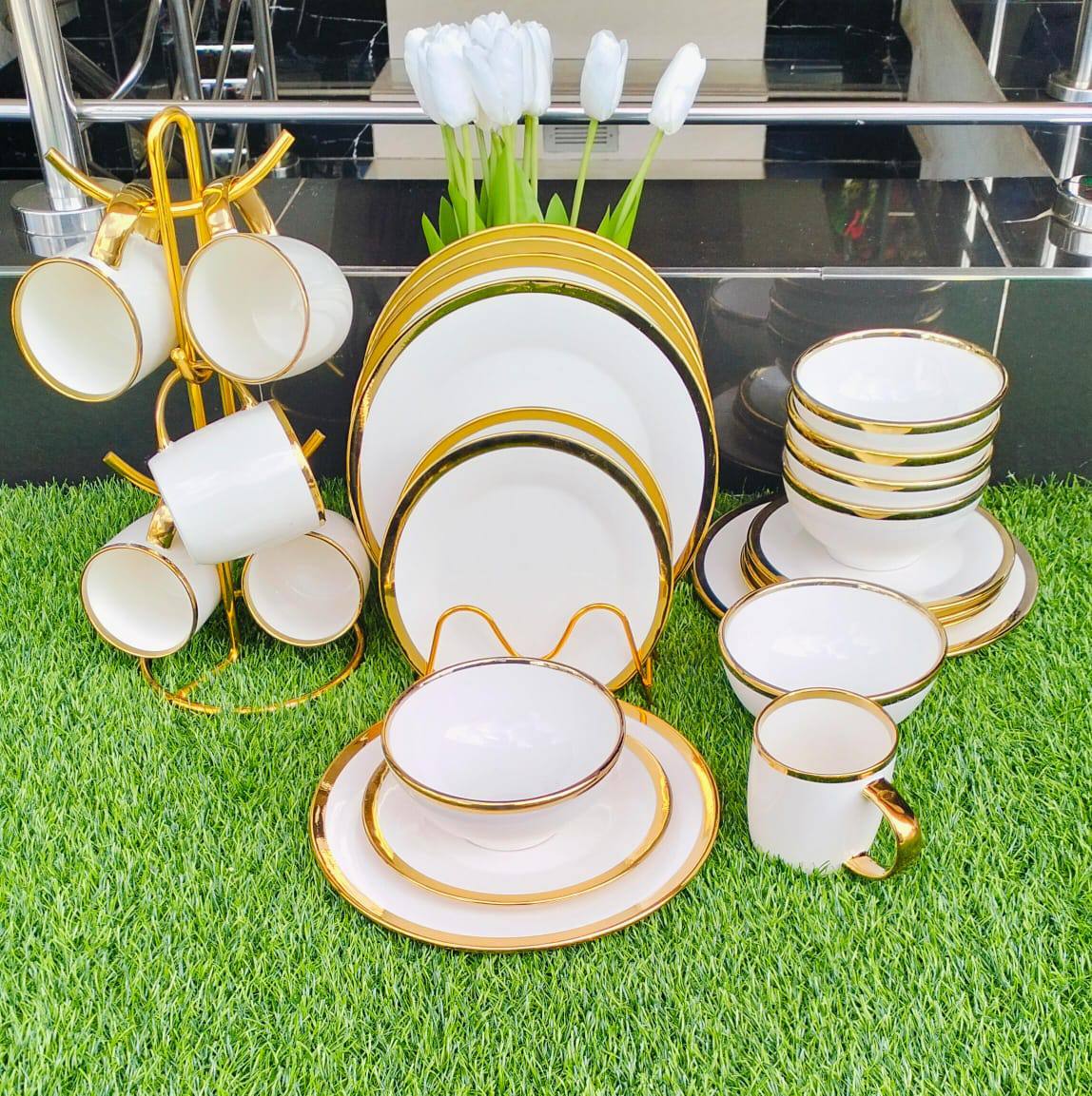 24pcs white with gold rim dinner set