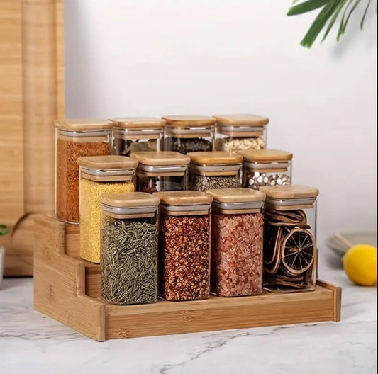 3 Tier bamboo spice Rack with 12 spice jars