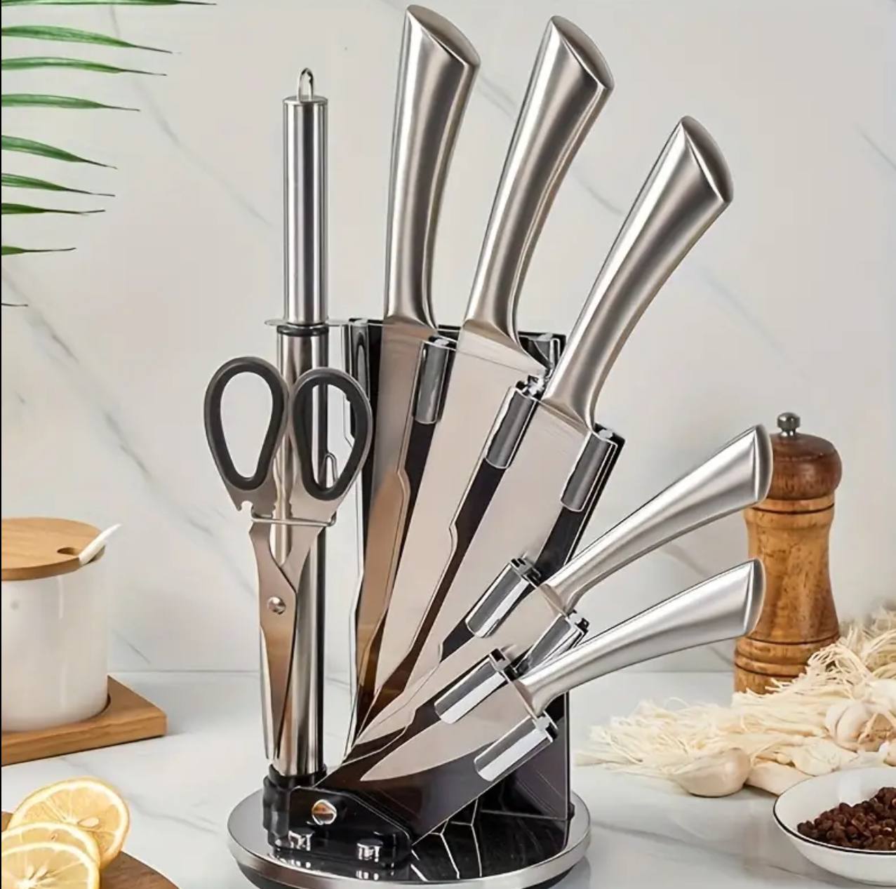 Stainless steel chef's knives.
8pcs set