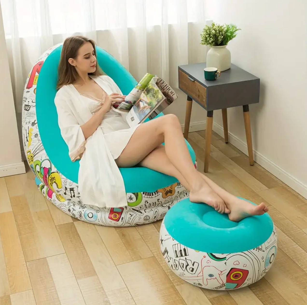 Inflatable Deluxe Lounge Seat / Inflatable seat with Foot rest & Free Pump (2pcs Sets)