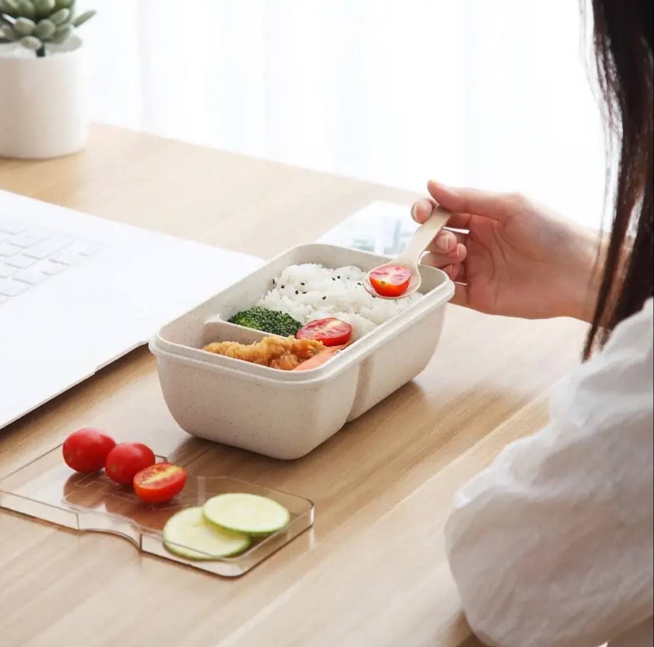 BENTO LUNCH BOX WITH 2 COMPARTMENT AND SPOONS