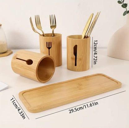 Eco-friendly 4in 1 bamboo cutlery holder inclusive of a bamboo base