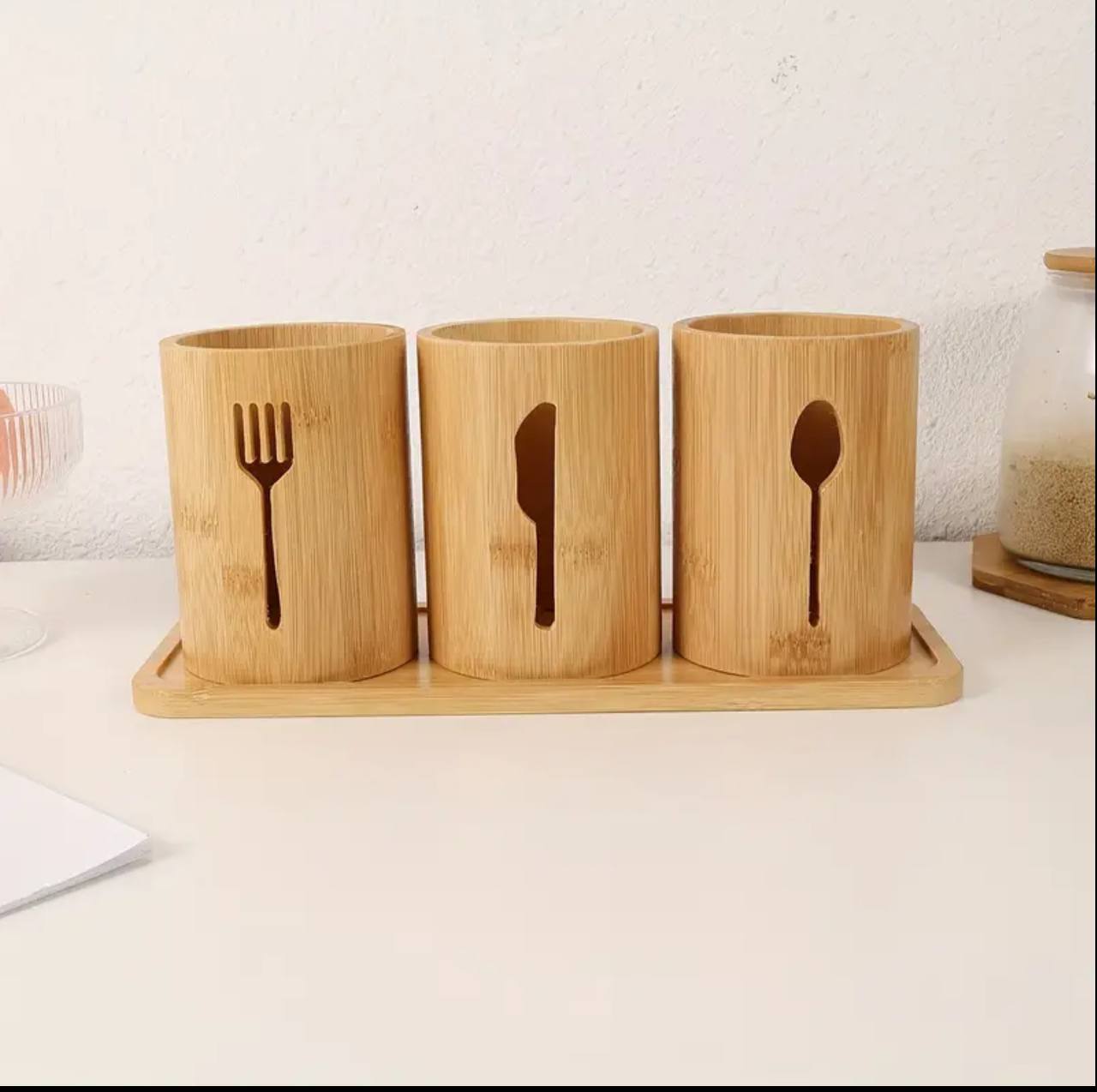 Eco-friendly 4in 1 bamboo cutlery holder inclusive of a bamboo base