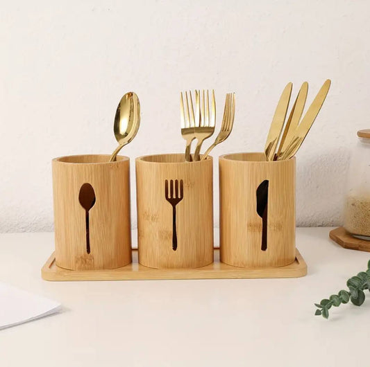 Eco-friendly 4in 1 bamboo cutlery holder inclusive of a bamboo base