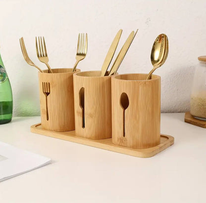 Eco-friendly 4in 1 bamboo cutlery holder inclusive of a bamboo base