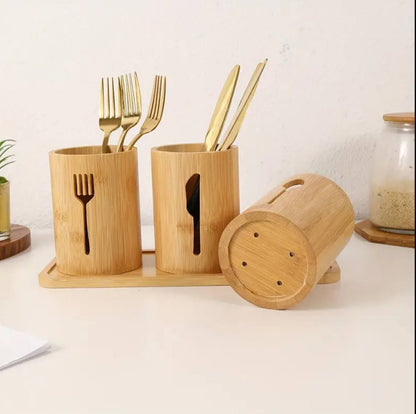 Eco-friendly 4in 1 bamboo cutlery holder inclusive of a bamboo base