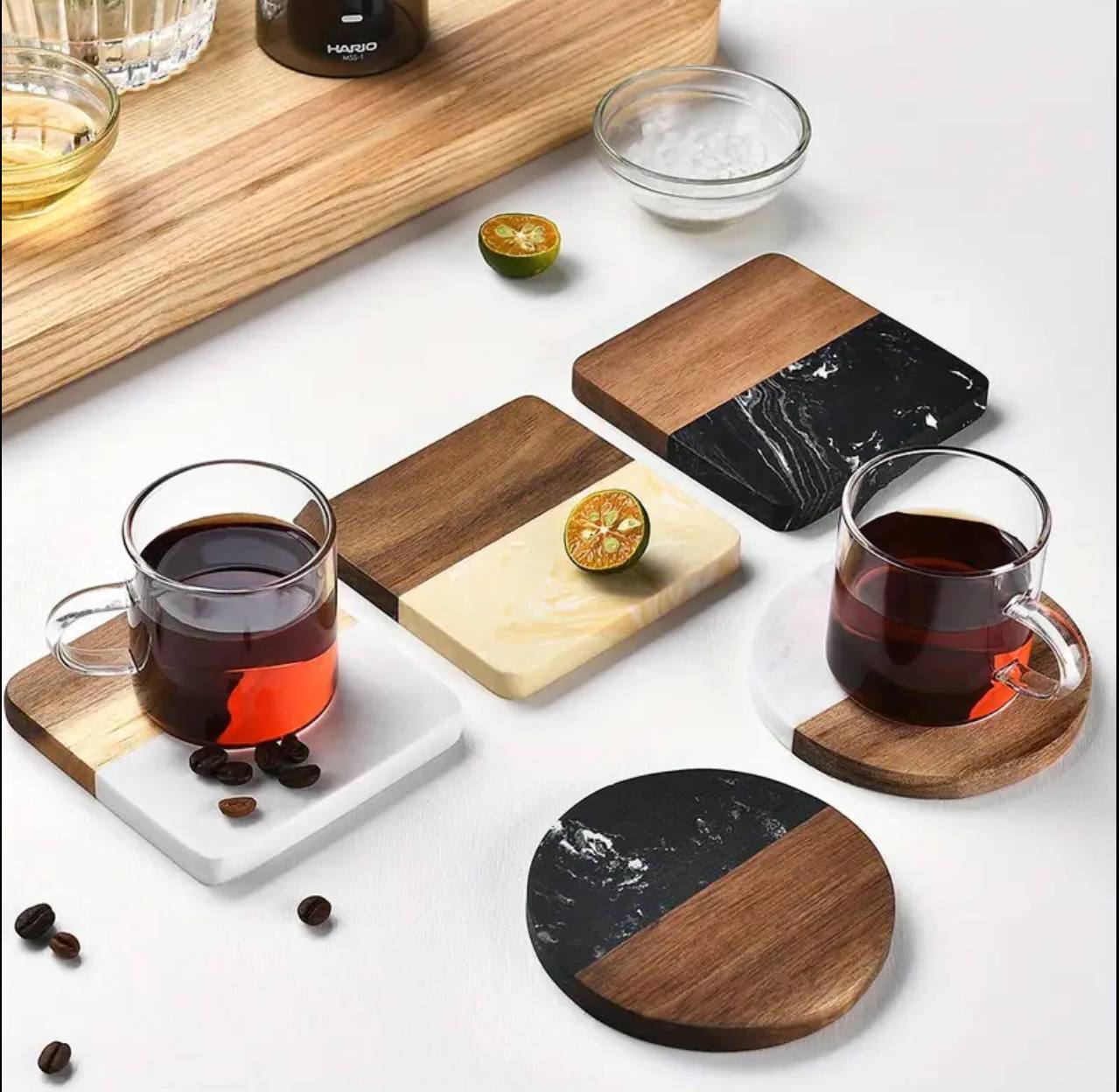 Premium Quality Heavy Marble Wood Splicing Coasters 6pcs