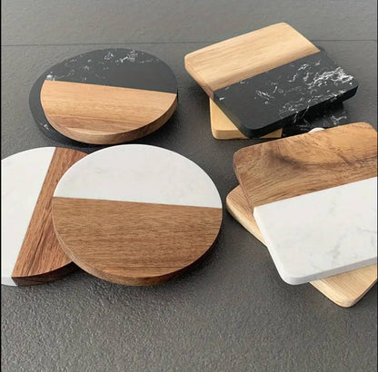 Premium Quality Heavy Marble Wood Splicing Coasters 6pcs