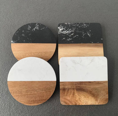 Premium Quality Heavy Marble Wood Splicing Coasters 6pcs