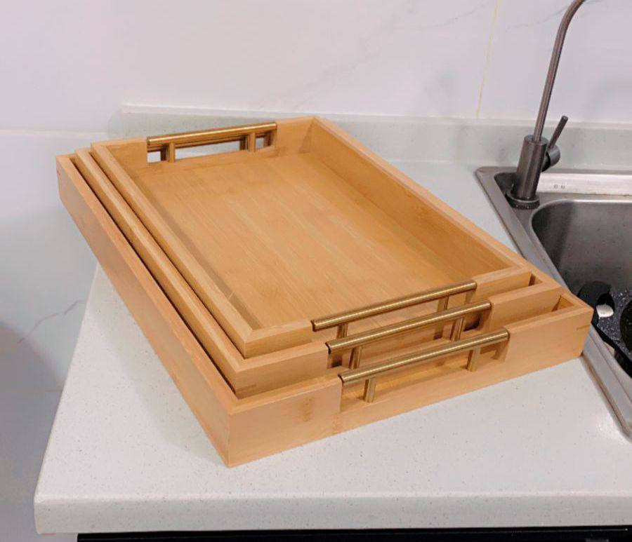 3pcs  Eco-friendly Bamboo Serving Trays with Gold Handles