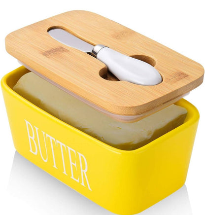 Large Size 850gms Ceramic Butter Dish with bamboo lid and butter knife