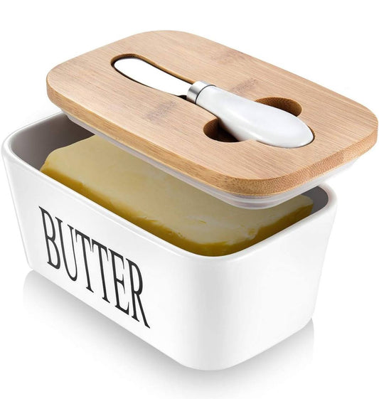 Large Size 850gms Ceramic Butter Dish with bamboo lid and butter knife