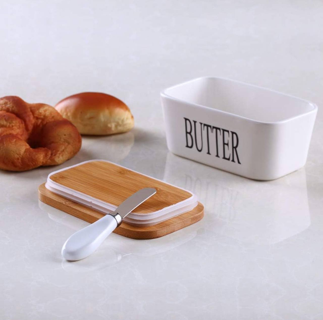 Large Size 850gms Ceramic Butter Dish with bamboo lid and butter knife