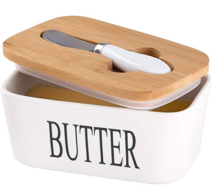 Large Size 850gms Ceramic Butter Dish with bamboo lid and butter knife