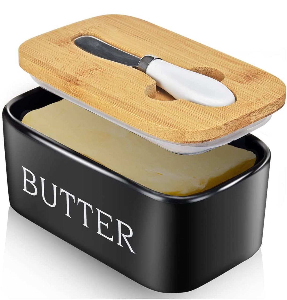 Large Size 850gms Ceramic Butter Dish with bamboo lid and butter knife