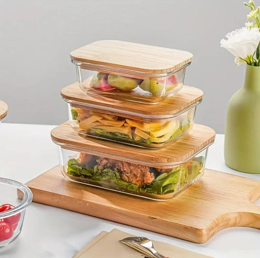 3pcs glass bowl storage containers with bamboo lid