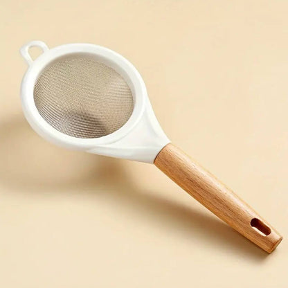 Wooden handle stainless mesh sieve.