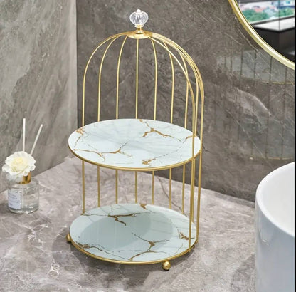 2 tier luxury marble textured with gold metal makeup storage/organizer