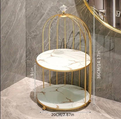 2 tier luxury marble textured with gold metal makeup storage/organizer