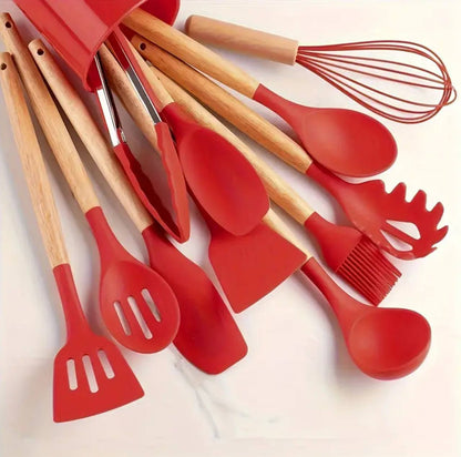 12 pcs silicon set kitchenware with a wooden handle