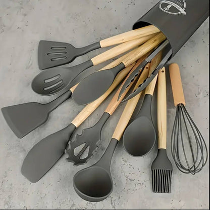 12 pcs silicon set kitchenware with a wooden handle