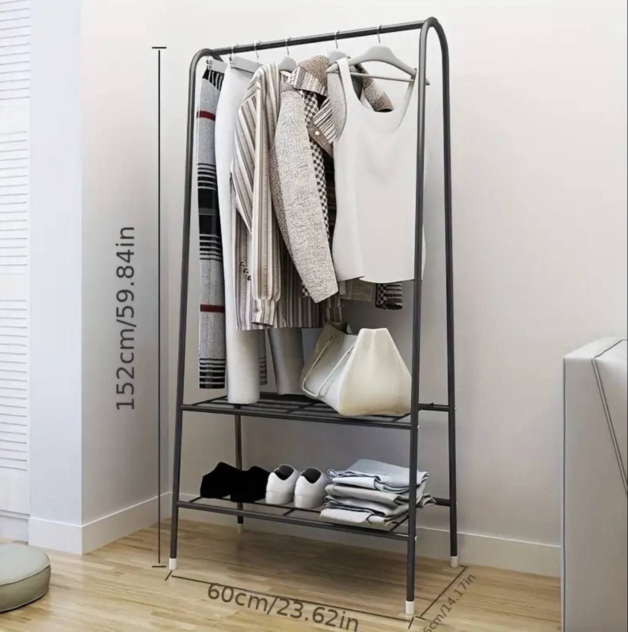 Elegant Metallic clothes rack with shoe storage